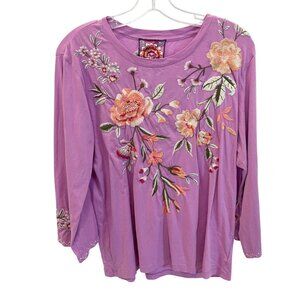 Johnny Was Vienna Floral Embroidered Long Sleeve Top Purple Boho - Size Medium